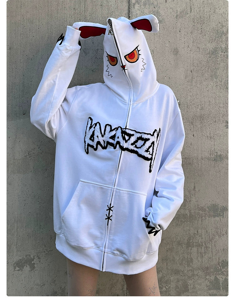 Fierce Bunny Hoodie - 400GSM Cotton Rabbit Ear Design with Red Eyes