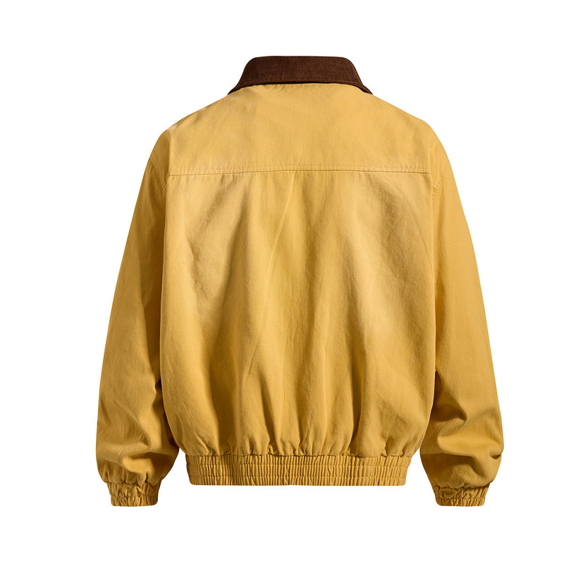 Retro American Washed Zip-Up Jacket with Corduroy Collar