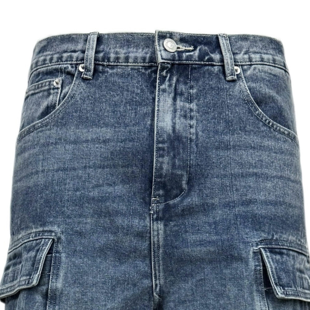 Multi-Pocket Cargo Denim Jeans – Wide Leg Straight Fit, Washed Blue