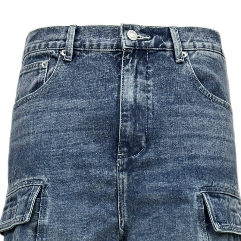 Multi-Pocket Cargo Denim Jeans – Wide Leg Straight Fit, Washed Blue