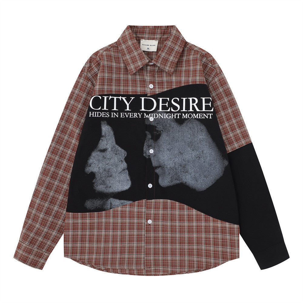 Men's Plaid Patchwork Long Sleeve Shirt – City Desire Graphic Print