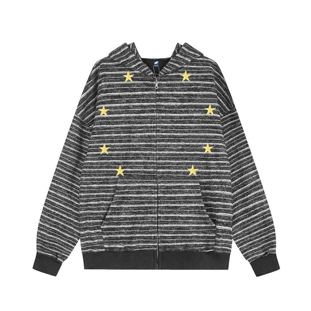 Charcoal grey striped zip-up hoodie with gold star embroidery on the chest, relaxed oversized fit, front and back view