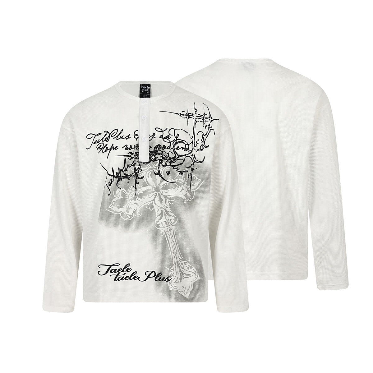 Langarm-Henley-T-Shirt aus Waffelstrick mit dunklem Kreuz-Grafikprint