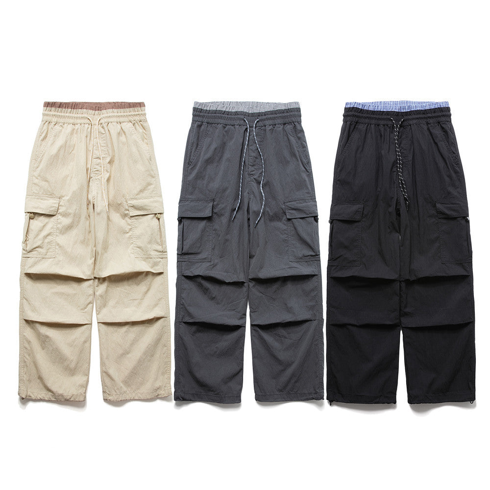 Men's Wide-Leg Cargo Pants with Double Waistband & Drawstring