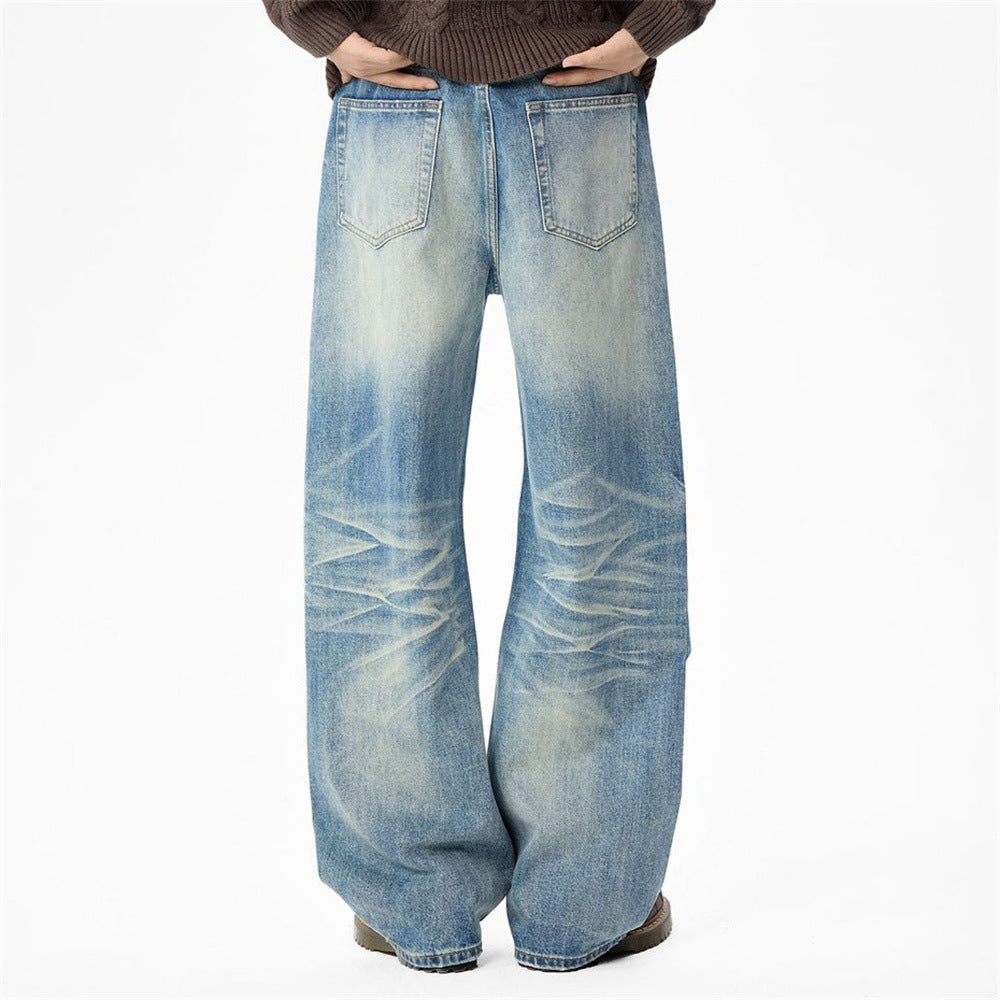 Jean vintage délavé à jambes larges pour homme avec motif cachemire en strass