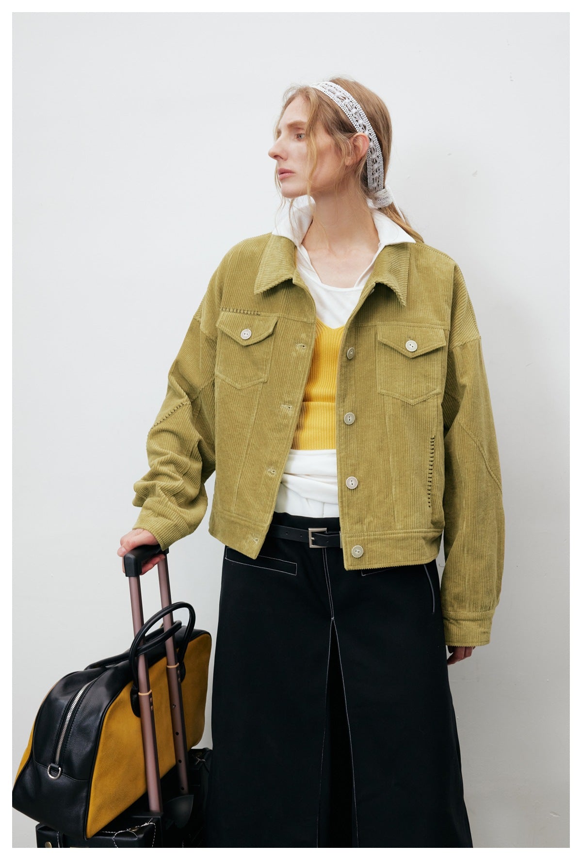 Corduroy Trucker Jacket — Oversized Fit, Floral-Lined, Olive Green