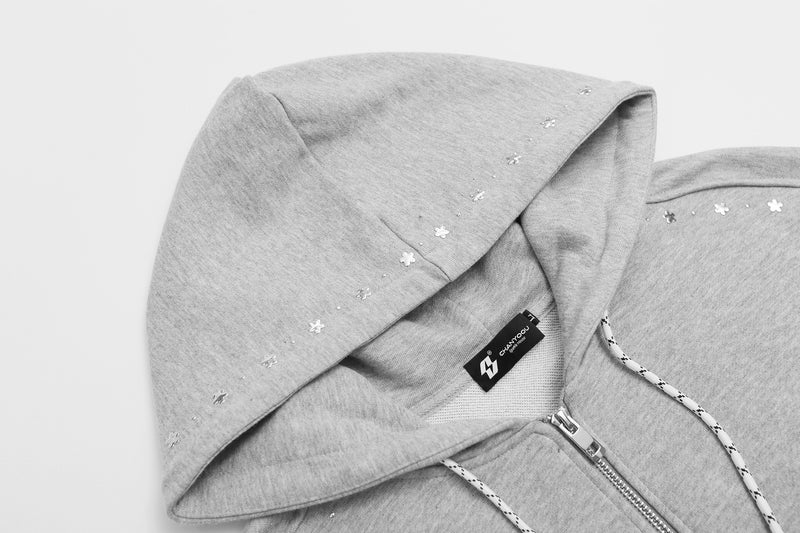 Zip-Up Hoodie with Star Studs & Decorative Drawstring, Oversized Fit