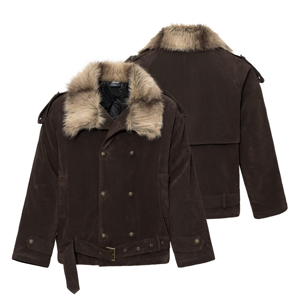 Men's Double-Breasted Padded Jacket with Faux Fur Collar