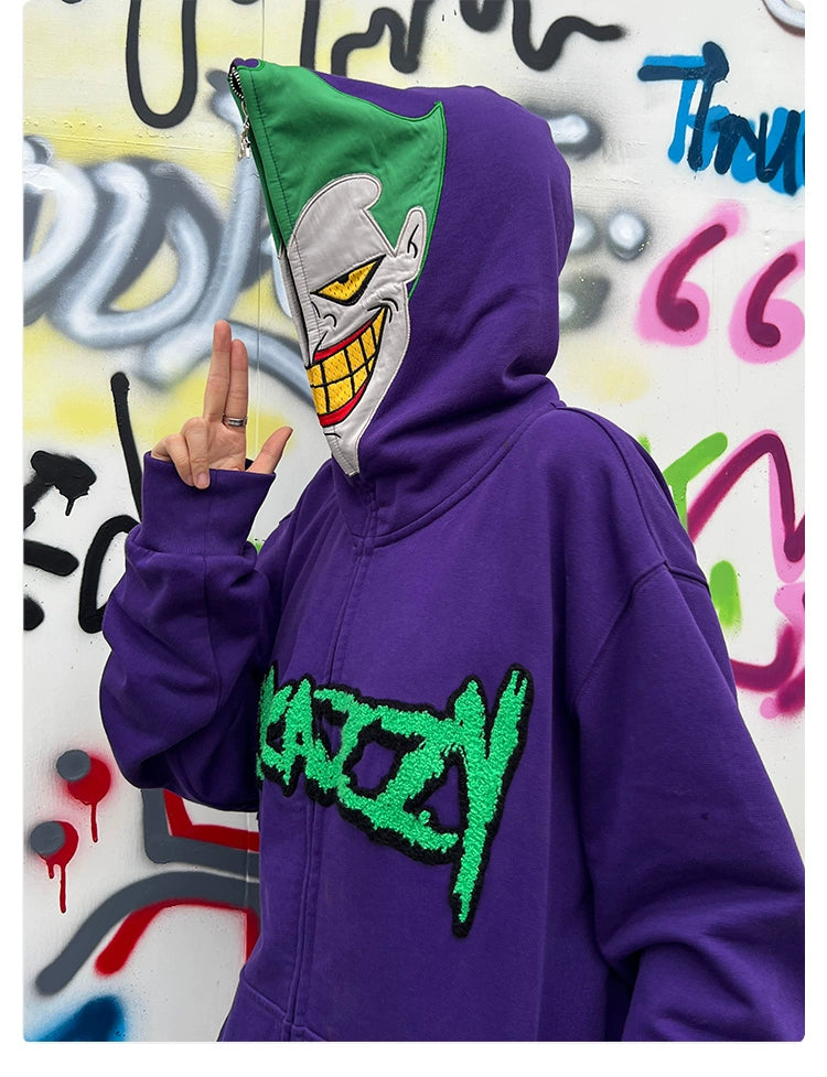 Vom Joker inspirierter Hoodie – Übergroßes, lila Superschurken-Sweatshirt mit Reißverschluss, 400 g/m²