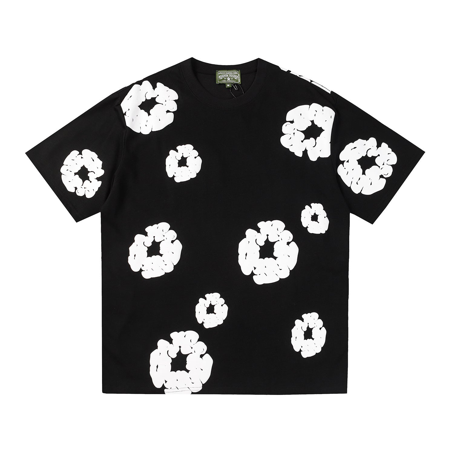 Denim Tears black cotton T-shirt with all-over white wreath print on front and sleeves, crew neck, flat lay view