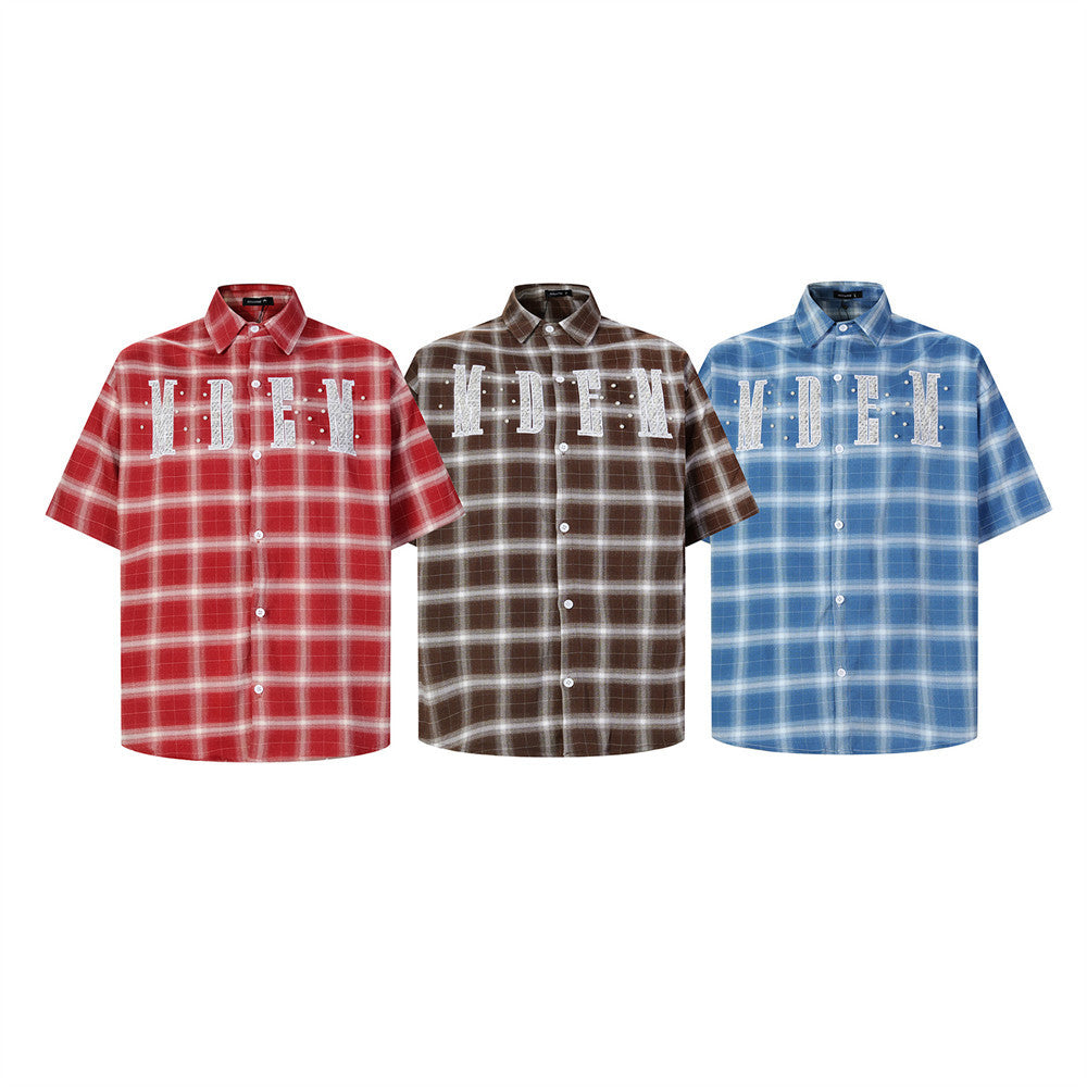 Plaid Short-Sleeve Shirt with Embroidered Letter Patch & Pearl Studs
