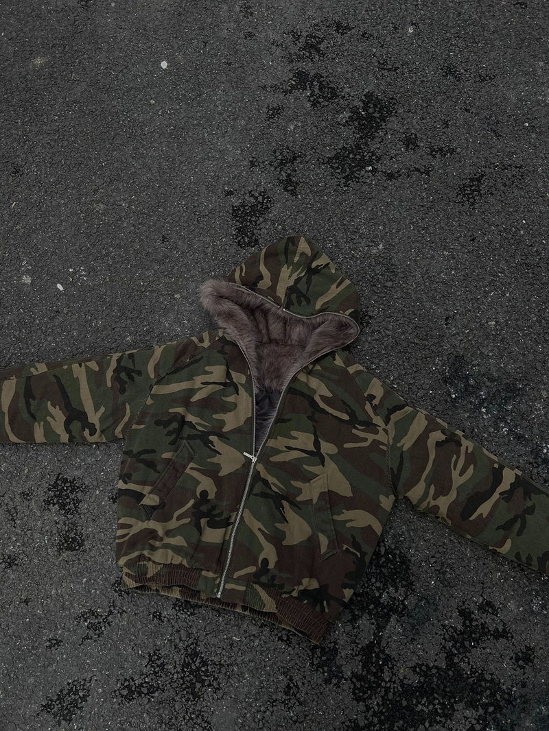 Blouson bomber homme camouflage doublé en fausse fourrure avec capuche