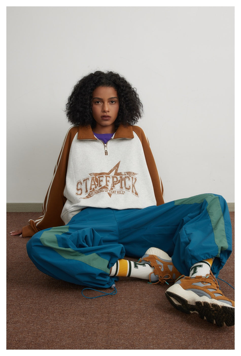 Cropped Half-Zip Sweatshirt Jacket – Colorblock Raglan with Stripe Sleeves