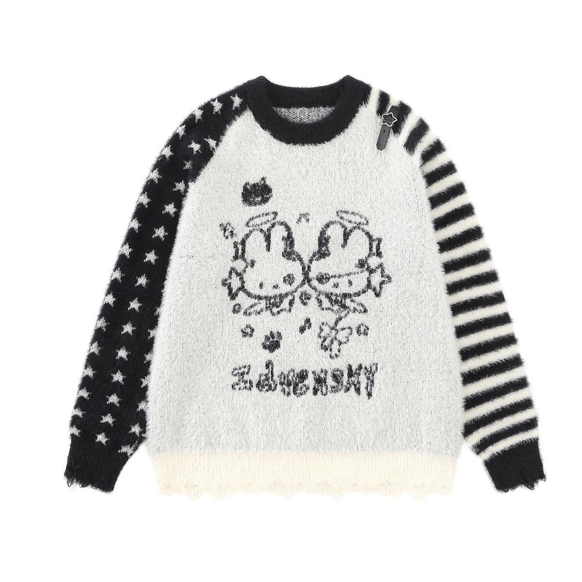 Cream-white fuzzy knit sweater with cartoon angel rabbit graphic, mismatched star and stripe raglan sleeves, and detachable b