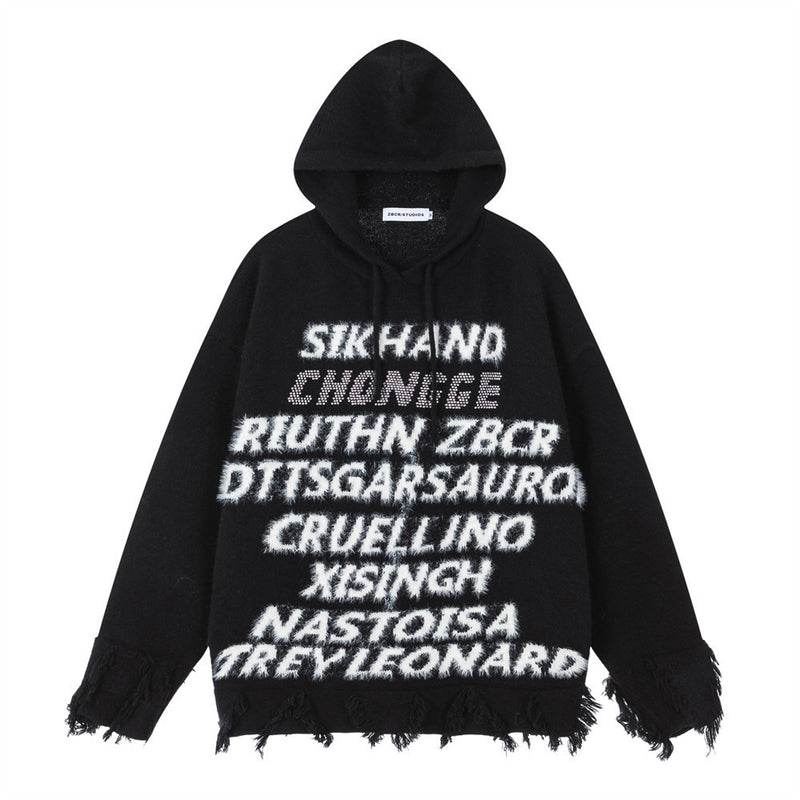 Letter Jacquard Knit Hoodie with Fringe Hem – Streetwear Pullover