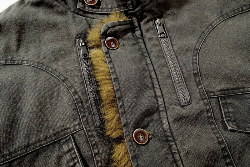 Washed Denim Fur-Collar Padded Jacket – Fleece-Lined Workwear Bomber