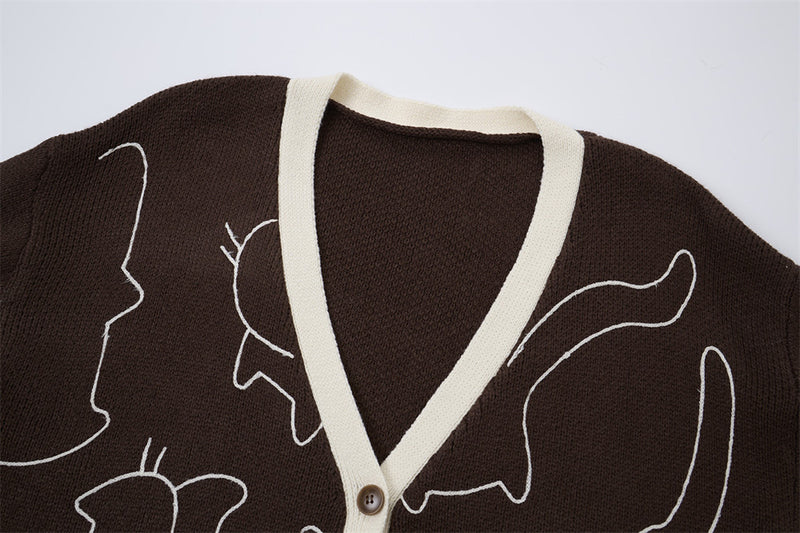 Gilet cardigan en maille motif contour de chat – Col V oversize boutonné avec finition effilochée