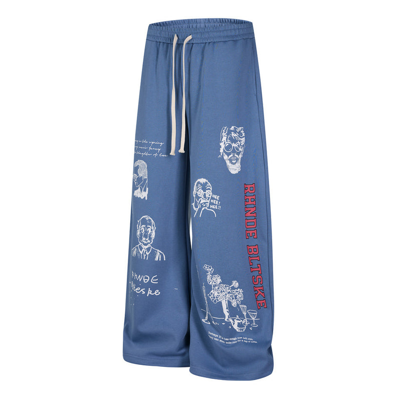 Abstract Portrait Graphic Wide-Leg Sweatpants – Men's Loose Fit Hip-Hop Street