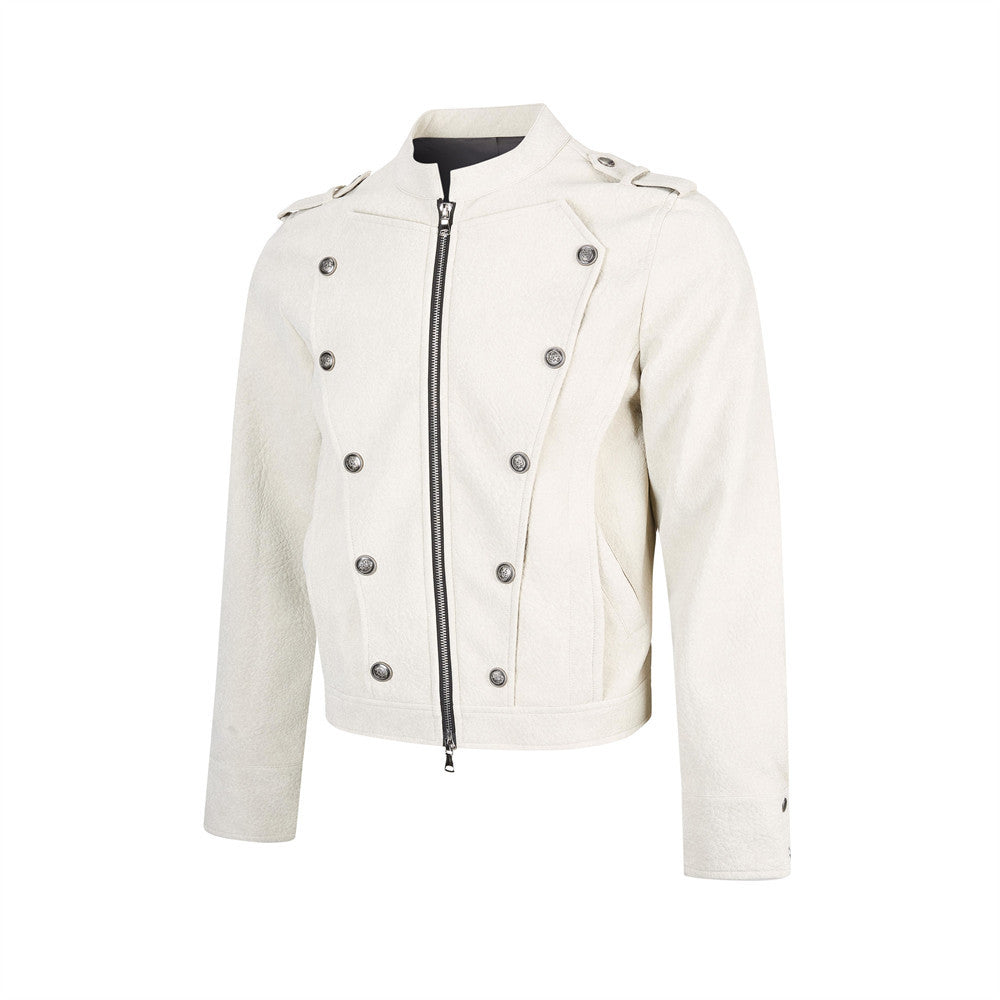 Men's Faux Leather Military Jacket – Double-Breasted Stand Collar Short Coat
