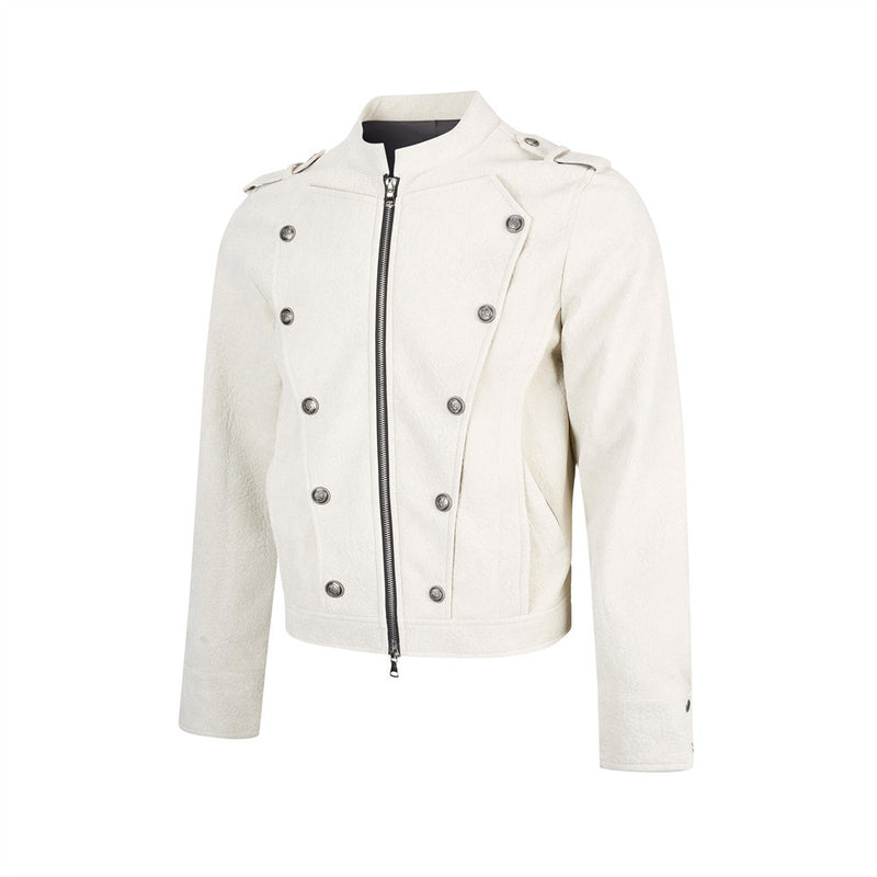 Men's Faux Leather Military Jacket – Double-Breasted Stand Collar Short Coat