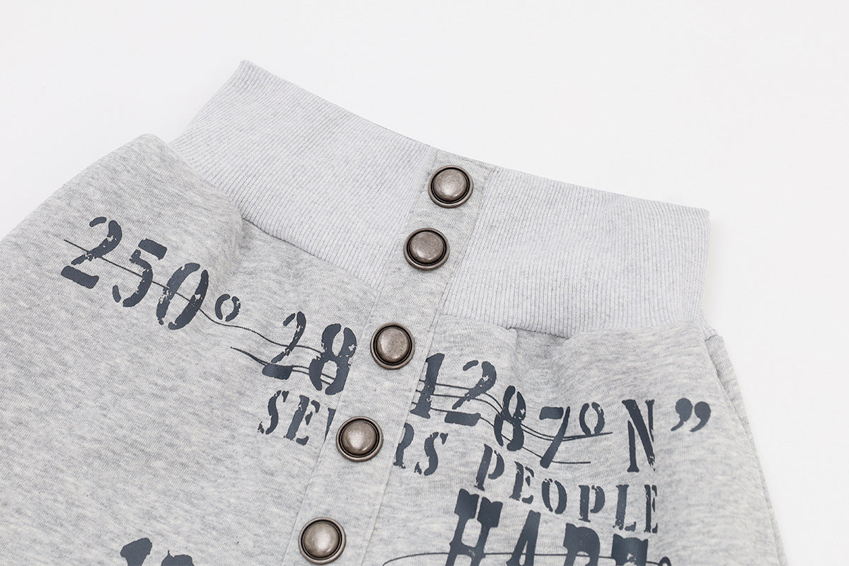 Wide-Leg Sweatpants with Rivet Buttons and Graphic Print – Relaxed Fit