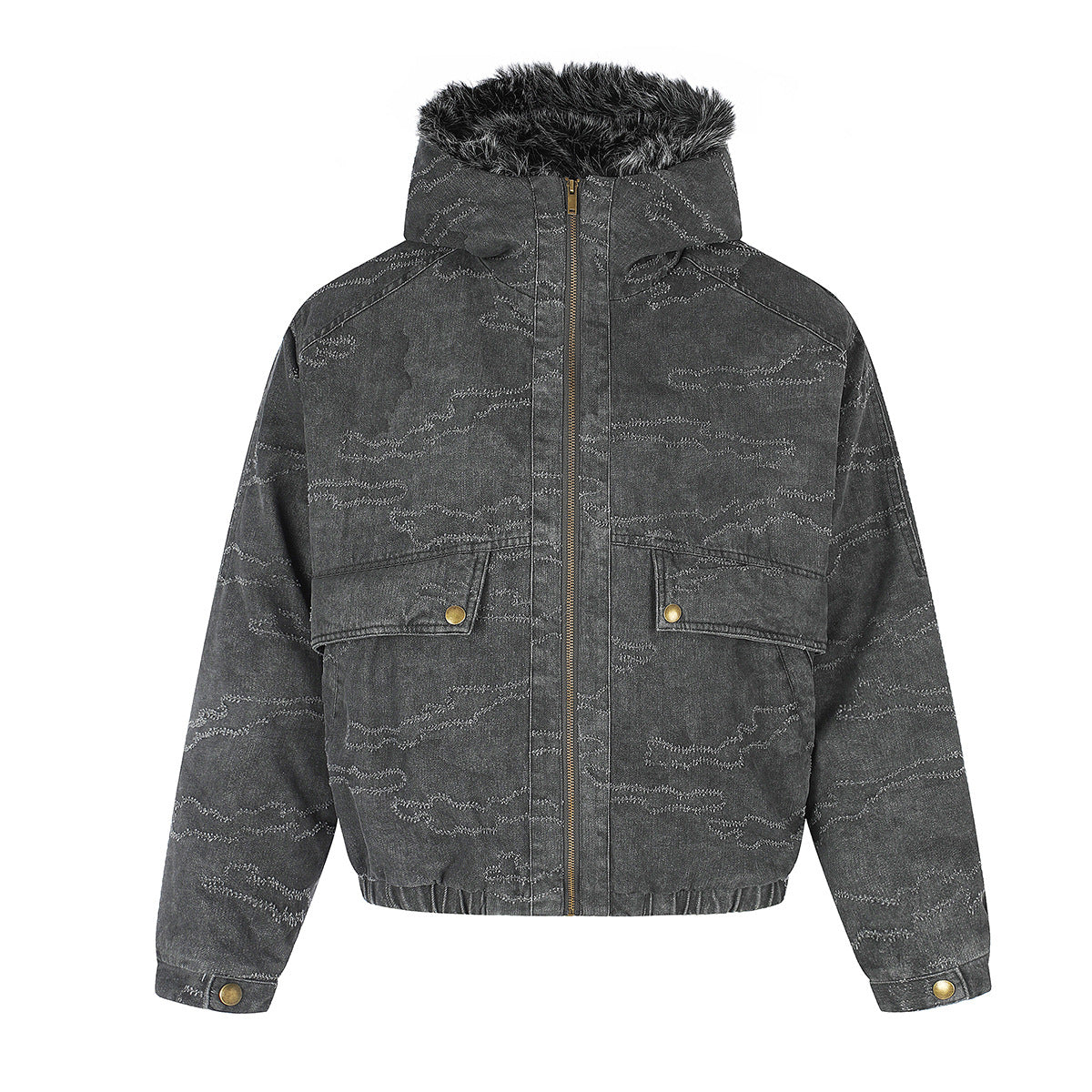 Camo Jacquard Padded Bomber Jacket with Faux Fur Hood