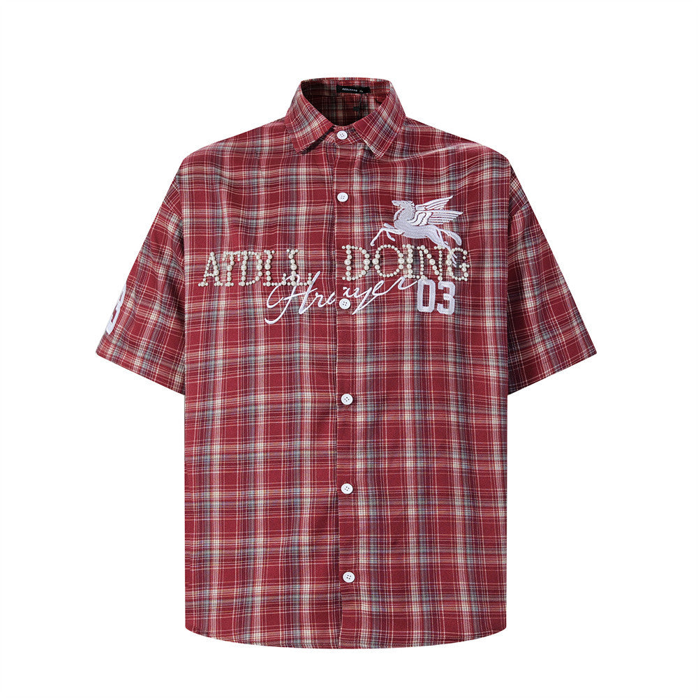 Plaid Short-Sleeve Shirt with Pegasus Embroidery & Studded Lettering