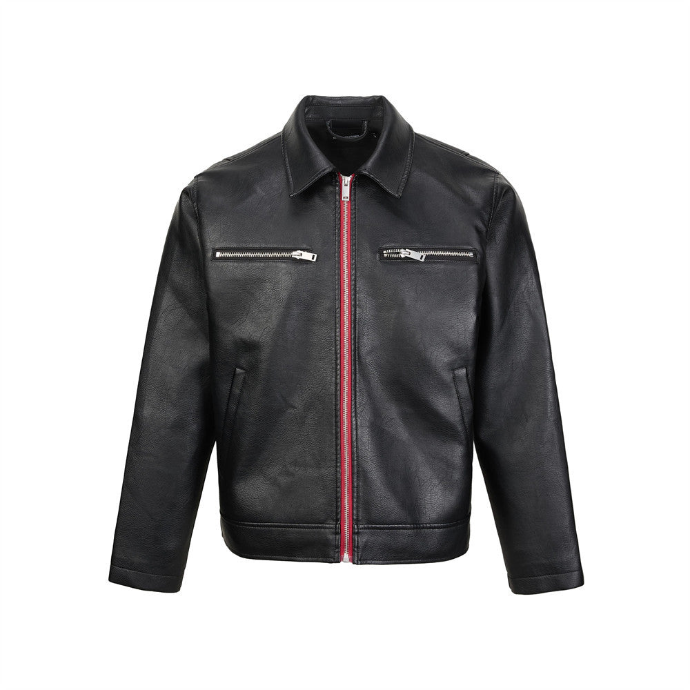 Men's short black PU leather biker jacket with red center zip, dual chest zip pockets, and point collar