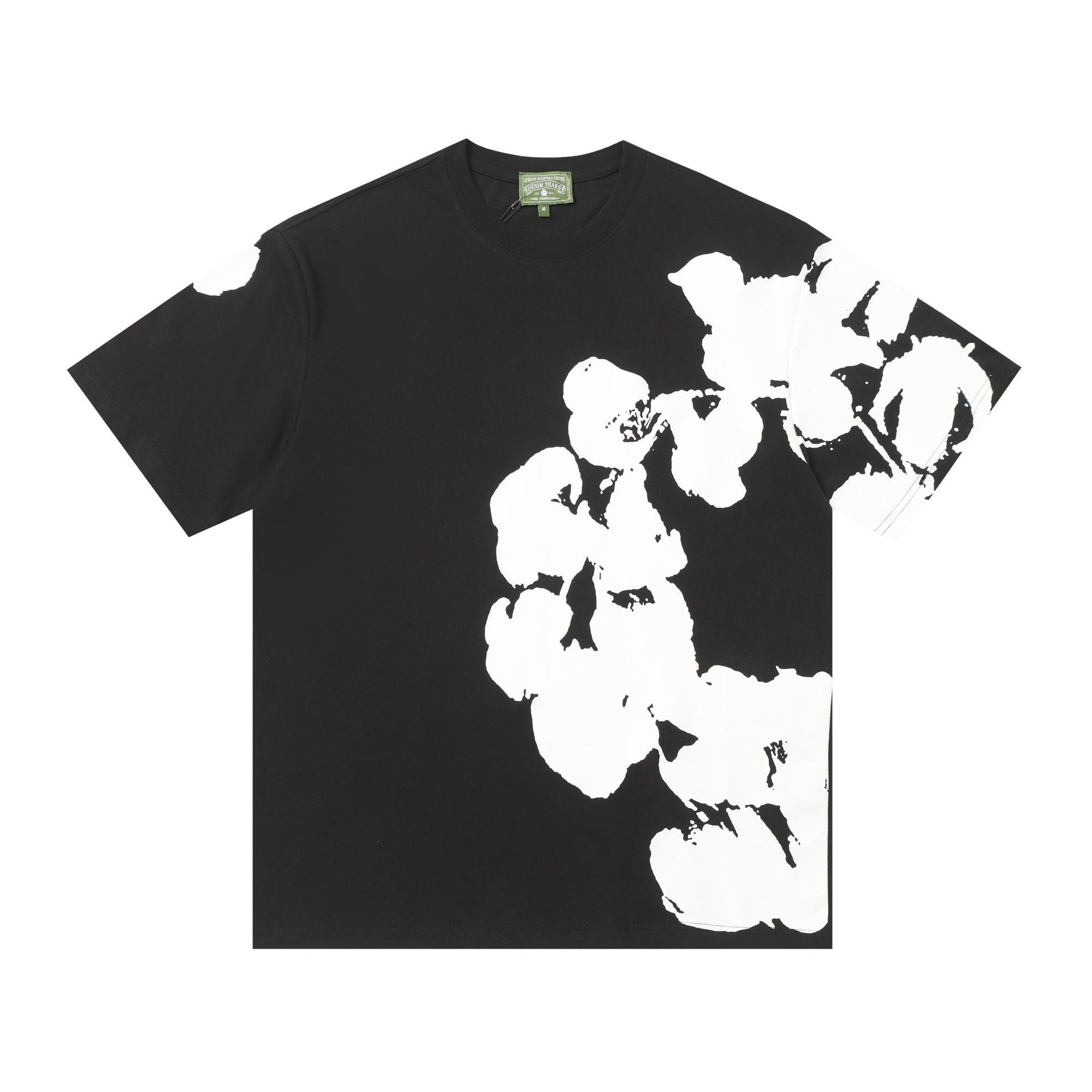 Denim Tears black cotton T-shirt with large white floral graphic print on front and sleeve