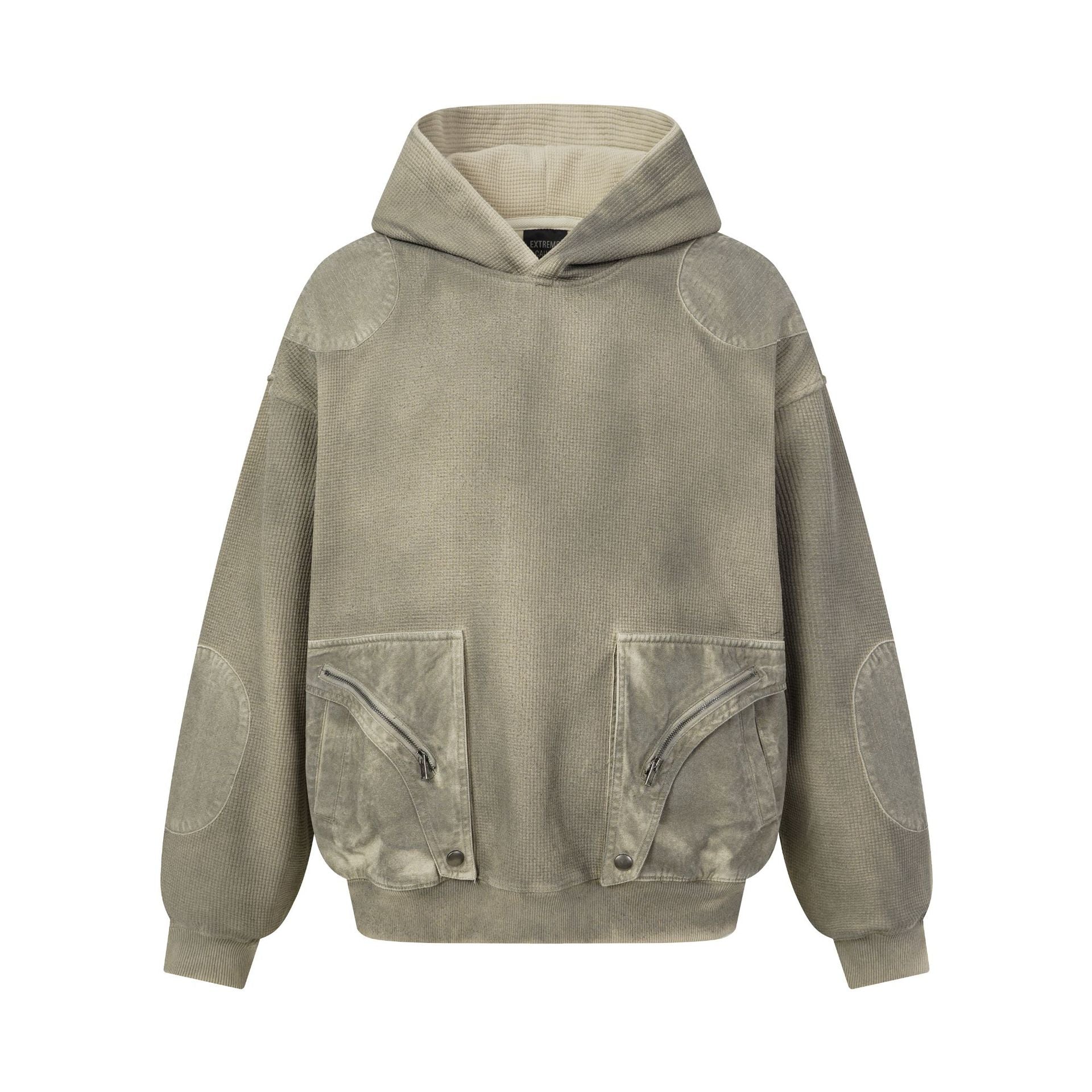 Oversized-Waffelstrick-Hoodie mit dekonstruierter Utility-Reißverschlusstaschen-Optik & Veloursleder