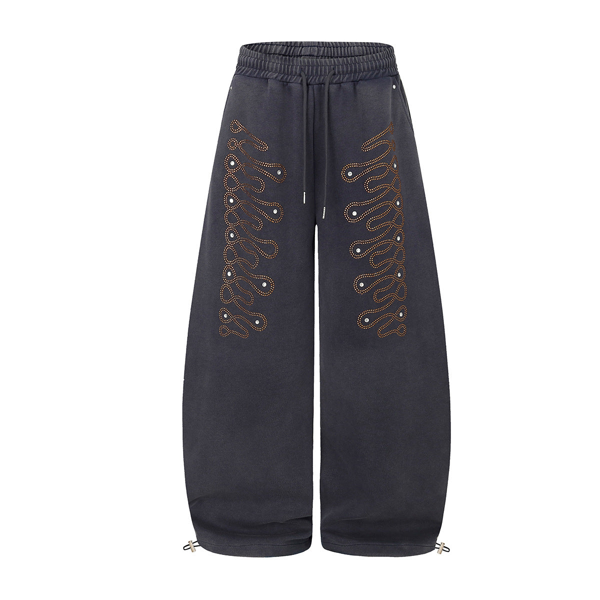 Wide-Leg Sweatpants with Rhinestone Flame Detail, Washed Vintage Finish