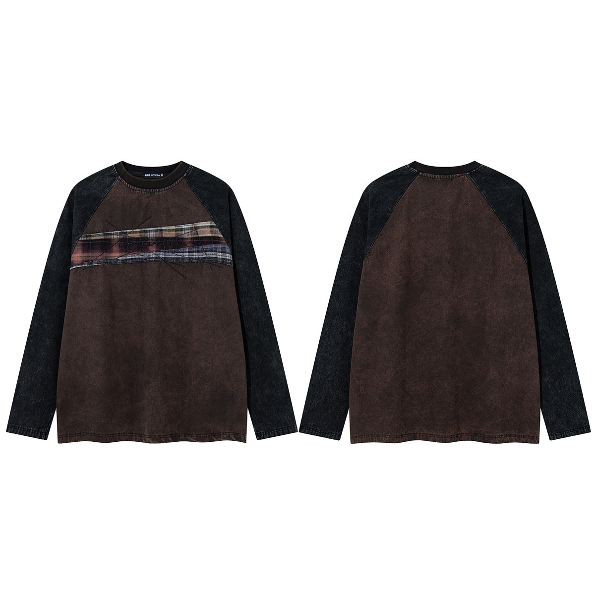 Long Sleeve Brown Shirt Raglan Patchwork Washed Vintage Streetwear Top