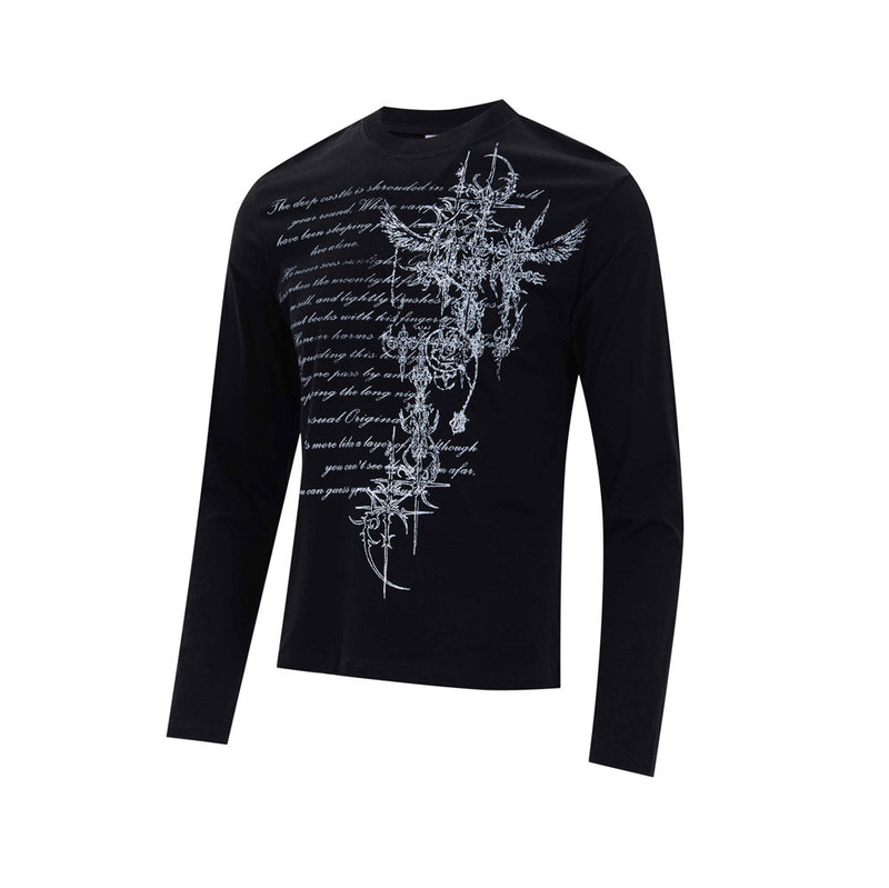 Black long sleeve T-shirt front view with white gothic cross and script graphic print