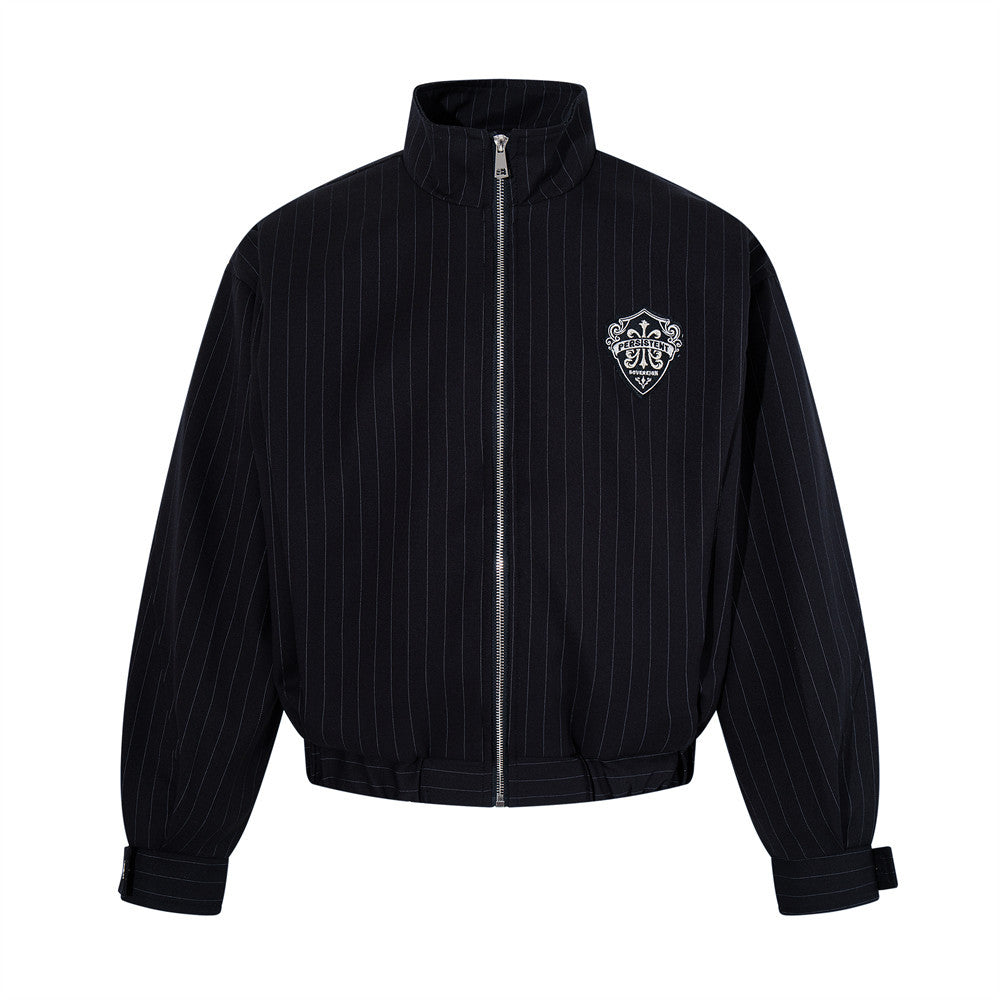 Men's black pinstripe stand-collar bomber jacket with woven crest badge and elasticated hem, front view