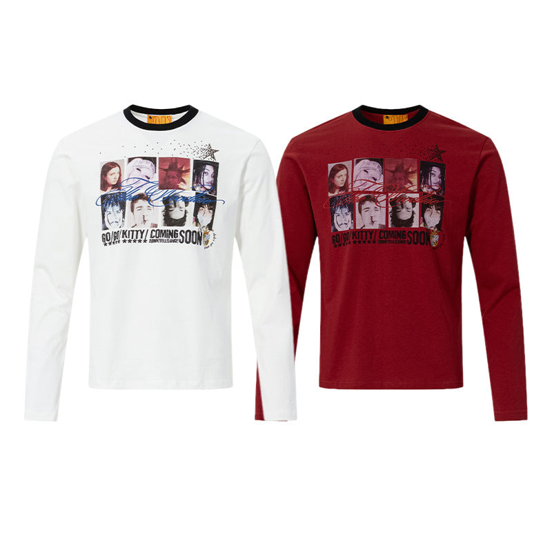 T-shirt graphique à manches longues et col rond – Motif portrait punk, coupe ajustée