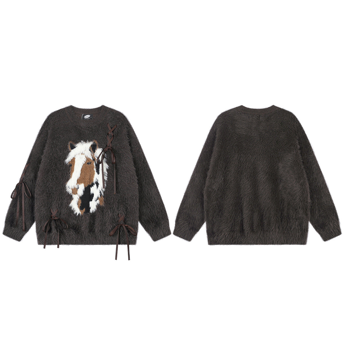Fuzzy Horse Jacquard Sweater with Ribbon Bow Details – Charcoal Grey