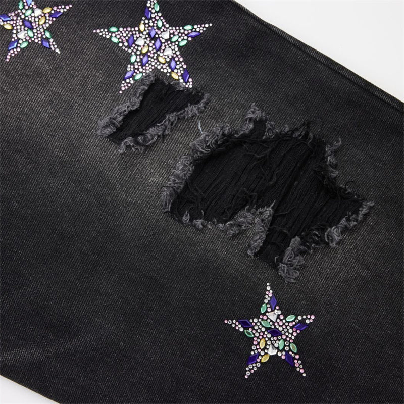 Ripped Baggy Jeans Men – Star Rhinestone & Sequin Wide-Leg Black Distressed