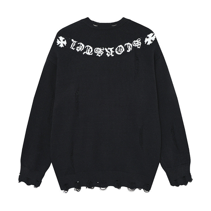 Pull en maille jacquard avec croix gothique et finitions usées – Esthétique sombre oversize