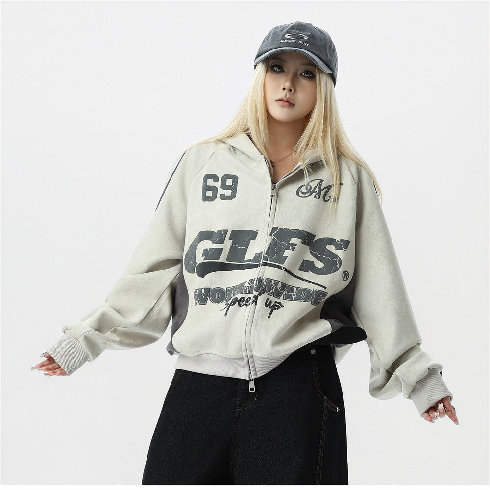 GLFS Colorblock Oversized Zip Up Hoodie – Distressed Letter Print, Dual Zipper