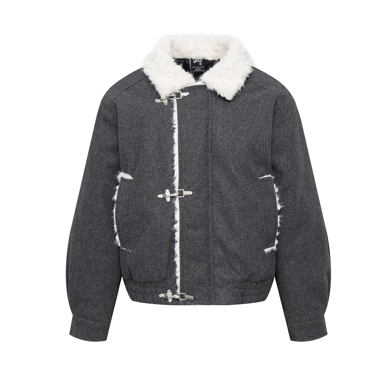 Men's dark grey shearling bomber jacket with cream faux-fur collar, silver toggle clasps, and fur-trimmed front placket, show