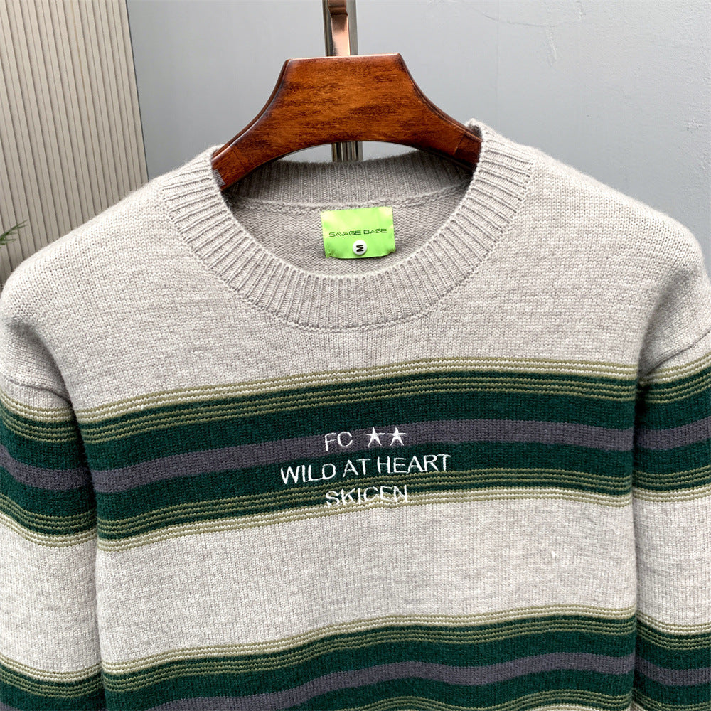 Striped Crew Neck Sweater – Relaxed Fit Color-Block Knit Pullover