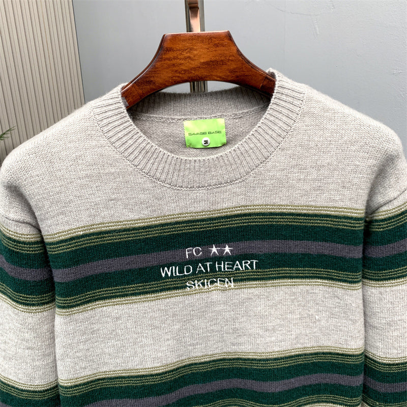 Striped Crew Neck Sweater – Relaxed Fit Color-Block Knit Pullover