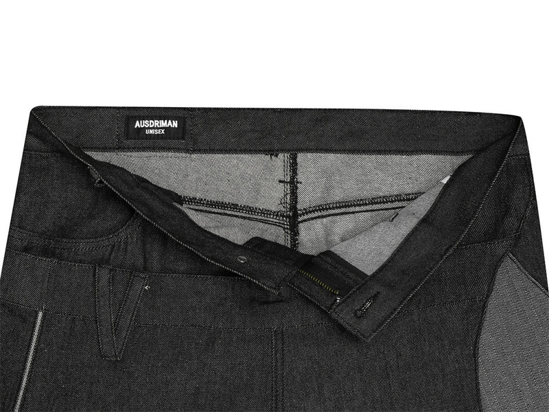 Jean homme en denim brut à jambes larges – Double ceinture, empiècements et silhouette incurvée