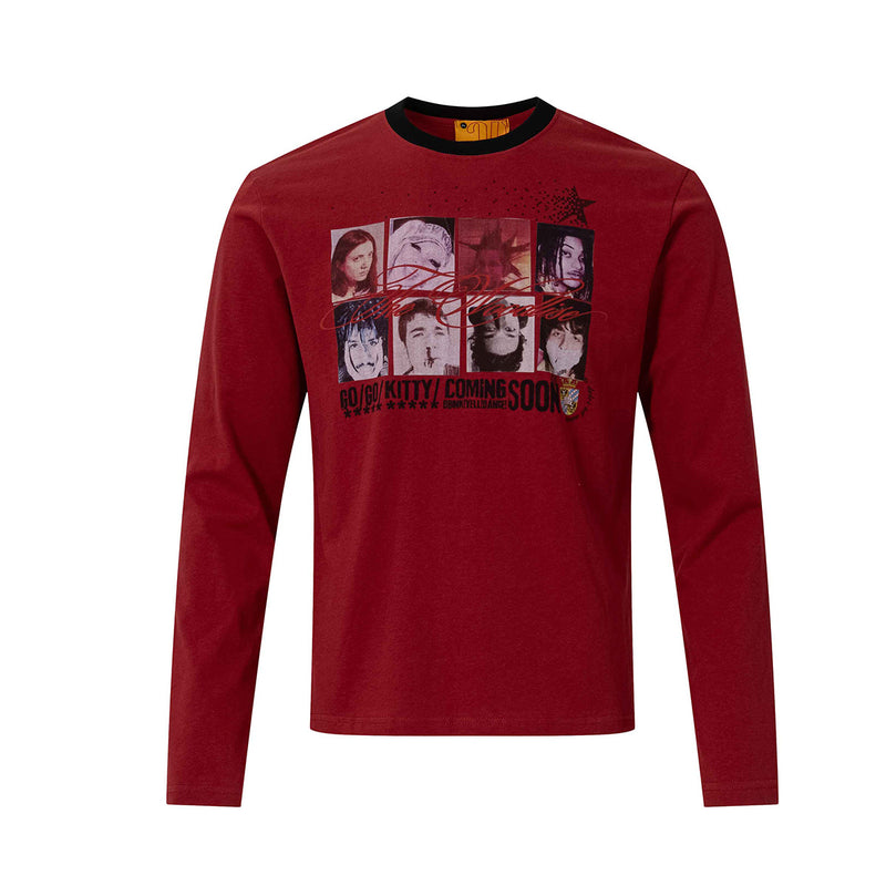 T-shirt ajusté à manches longues, col rond, imprimé grille de portraits punk rouge bordeaux et col côtelé noir