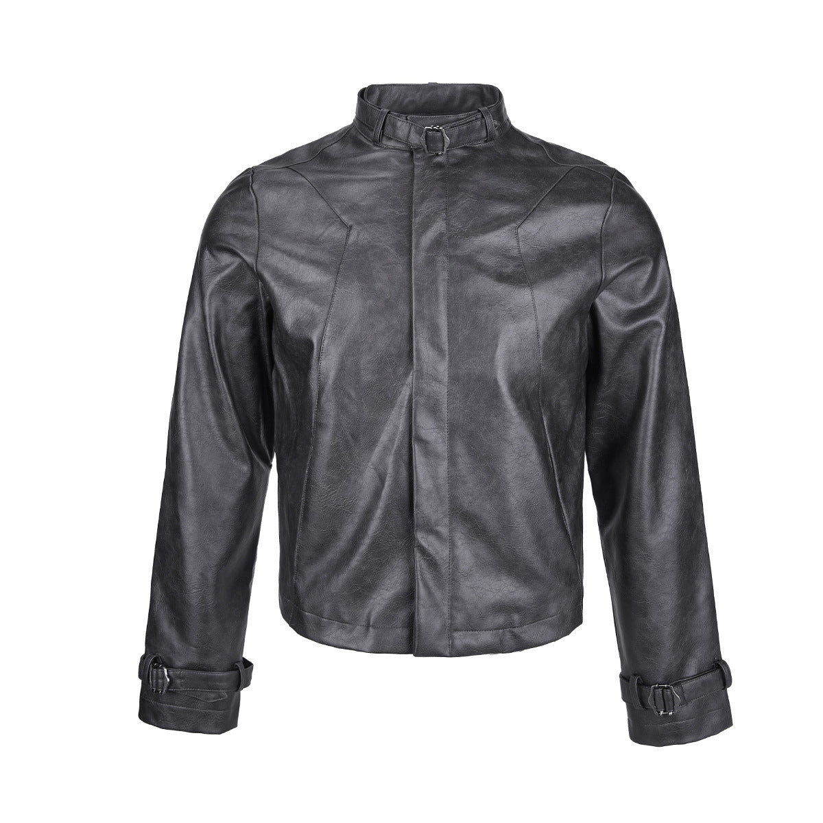 Veste biker oversize en similicuir PU gris anthracite, avec col montant et poignets à boucles, vue avant