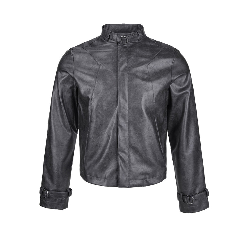Veste biker oversize en similicuir PU gris anthracite, avec col montant et poignets à boucles, vue avant