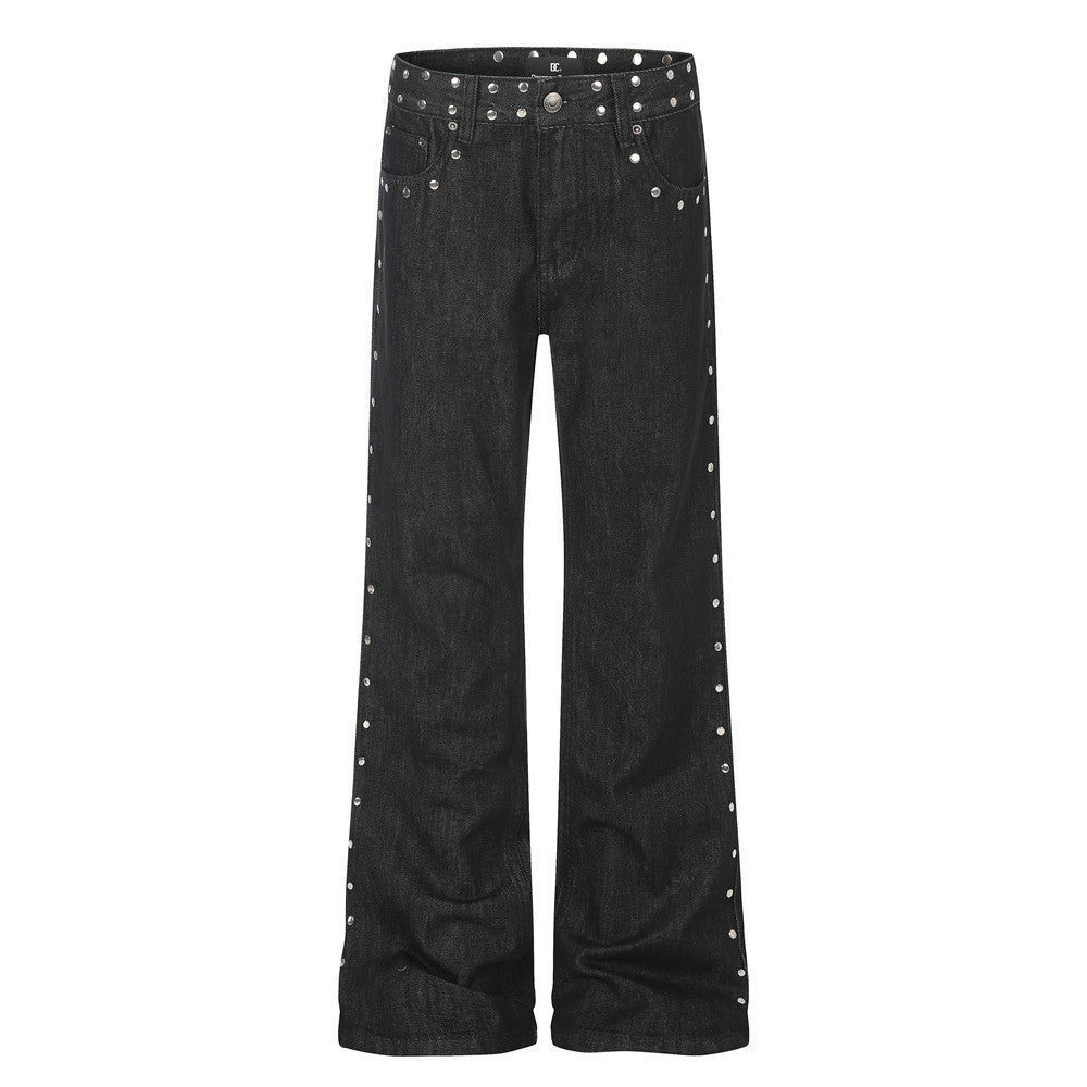 Jean bootcut noir pour homme avec rivets latéraux et patchs arrière étoile léopard