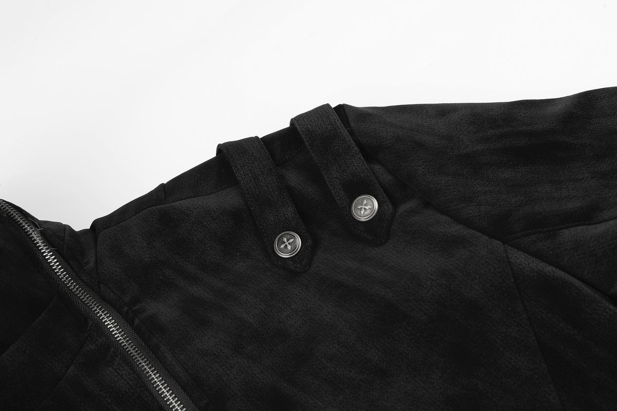 Schwarze Bomberjacke mit Wildlederoptik, Kunstpelzkragen und Wattierung im Biker-Stil