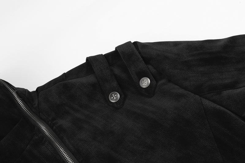 Schwarze Bomberjacke mit Wildlederoptik, Kunstpelzkragen und Wattierung im Biker-Stil