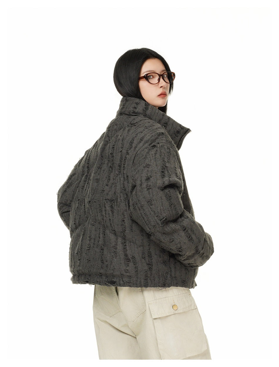 Distressed Texture Puffer Jacket Stand Collar Padded Coat